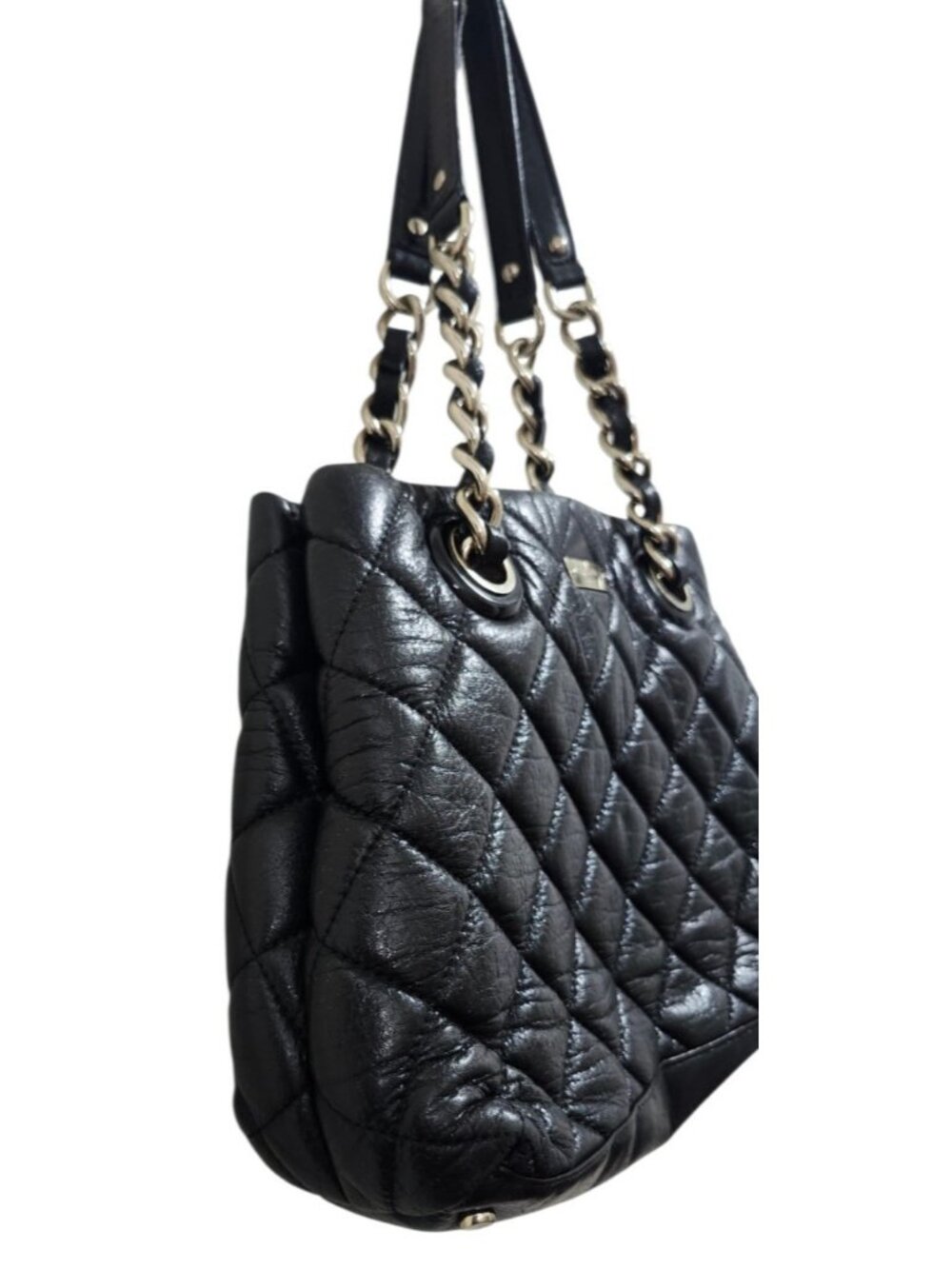Kate Spade New York Black Quilted Leather Chain Shoulder Tote Bag Gold Tone - Picture 9 of 13